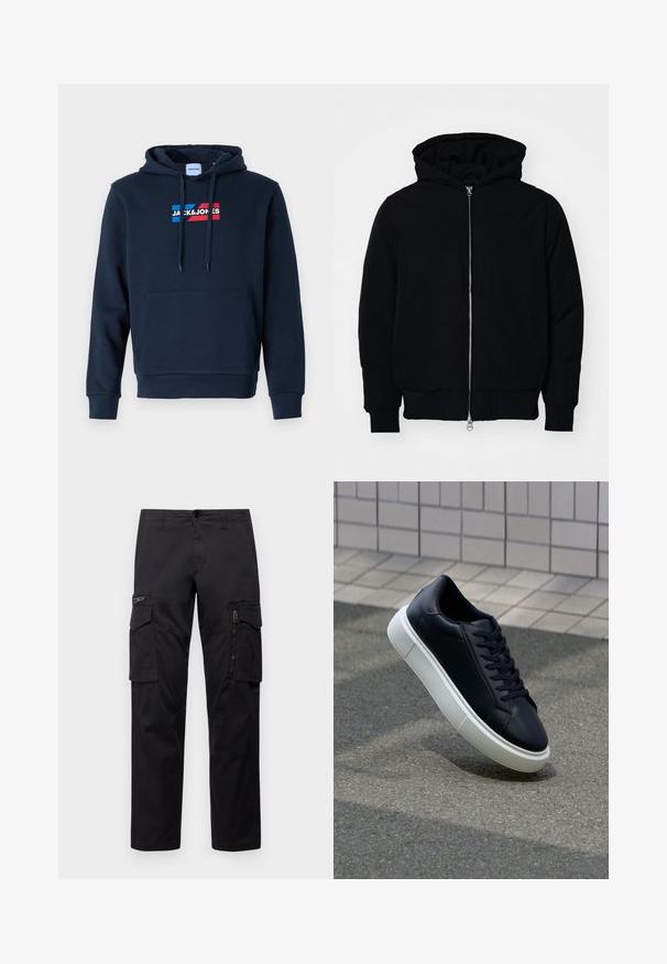 Mustat huppu-untuvatakki, jossa on vetoketju edessä, kenguru-tasku, ribatut hihansuut ja helma, esillä yksinkertaisella valkoisella taustalla.; Tummansininen huppari, jossa on etupuolella kengurupussukka, nyörillä varustettu huppu ja punasininen logo. Hupparissa on pehmeä ja sileä pinta sekä resorit hihansuissa.; Mustat cargo-housut, joissa on useita taskuja, vetoketjullinen tasku reidellä, suora malli ja kestävä puuvillakangas, jossa on kevyt kiilto.; Mustat nahkakengät, joissa on pyöristetty kärki ja valkoinen kumipohja. Varusteena litteät nauhat ja minimaalinen ommel ylhäällä. Teksturoitu pohja pitävyyden lisäämiseksi.