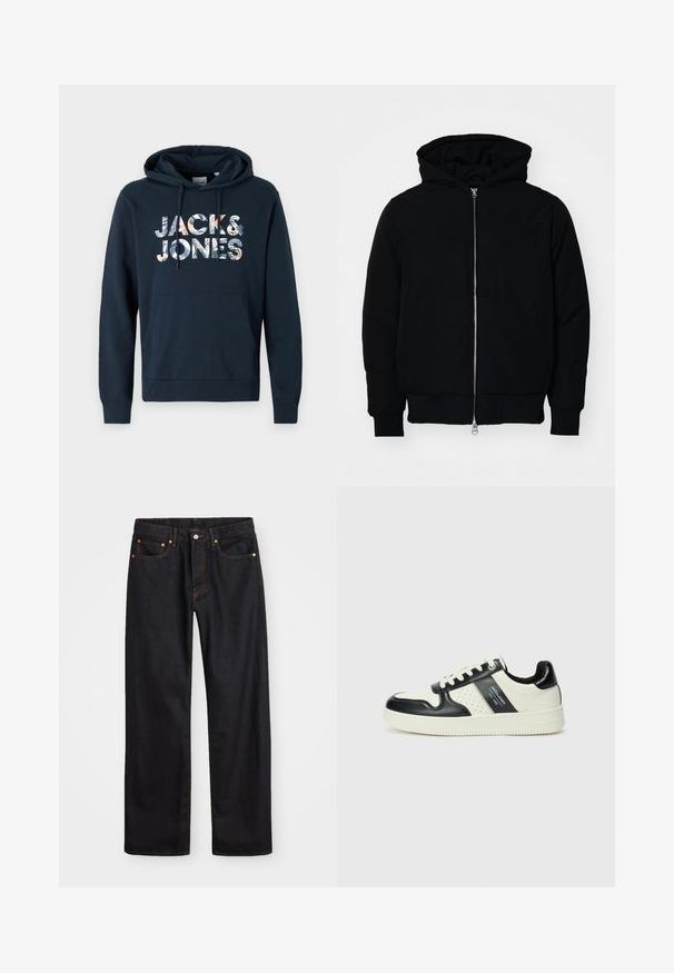 Giacca nera con cappuccio, dotata di zip frontale, tasca a marsupio, polsini e orlo a coste, esposta su uno sfondo bianco semplice.; Felpa blu navy con tasca a marsupio, cappuccio regolabile con cordino e stampa grafica "JACK & JONES" con motivi floreali in vari colori.; Jeans neri in denim dritto da uomo con cinque tasche e cuciture arancioni, chiusura con bottone e zip sulla vita anteriore.; Sneakers in pelle con una combinazione di colori nero e crema, dotati di dettagli perforati, collare imbottito e suola testurizzata.