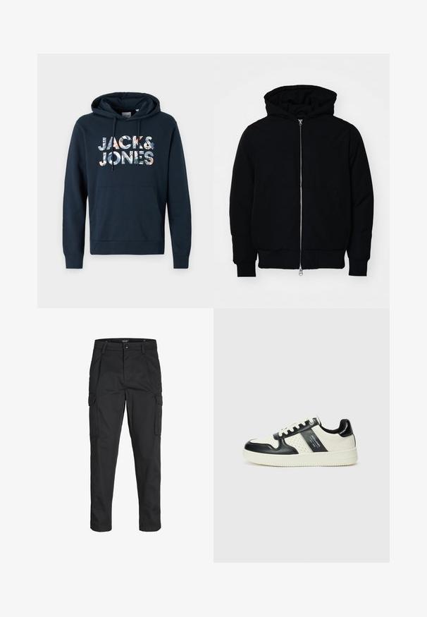 Mustaga kapuutsiga jakk, millel on esineed, kenguru tasku, soonikkoes, ja alläär, esitatud lihtsal valgel taustal.; Tumesinine dressipluus, millel on taskud, koronkside kapuuts ja graafiline "JACK & JONES" dekoreeritud lillemotiivide erinevates värvustes.; Mustad mustapõlvik, mis on valmistatud tugeva koe kasutades, sisaldab mitmeid taskuid, nupule kinnitatav sulgemine ja kitsenev disain.; Nahatud nahkkingad musta ja kreemi värviskeemiga, millel on perforeeritud aktsendid, pehme krae ja tekstureeritud tallad.