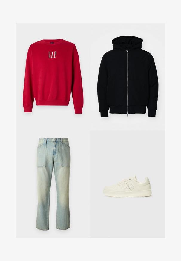 Giacca nera con cappuccio, dotata di zip frontale, tasca a marsupio, polsini e orlo a coste, esposta su uno sfondo bianco semplice.; GAP LOGO CREW - Felpa - red; Jeans in denim azzurro chiaro con taglio dritto, cuciture visibili e due ampie tasche frontali. Il tessuto ha una texture sbiadita.; Sneaker color crema con dettagli perforati, lacci e logo sul lato, esposta su uno sfondo bianco semplice.