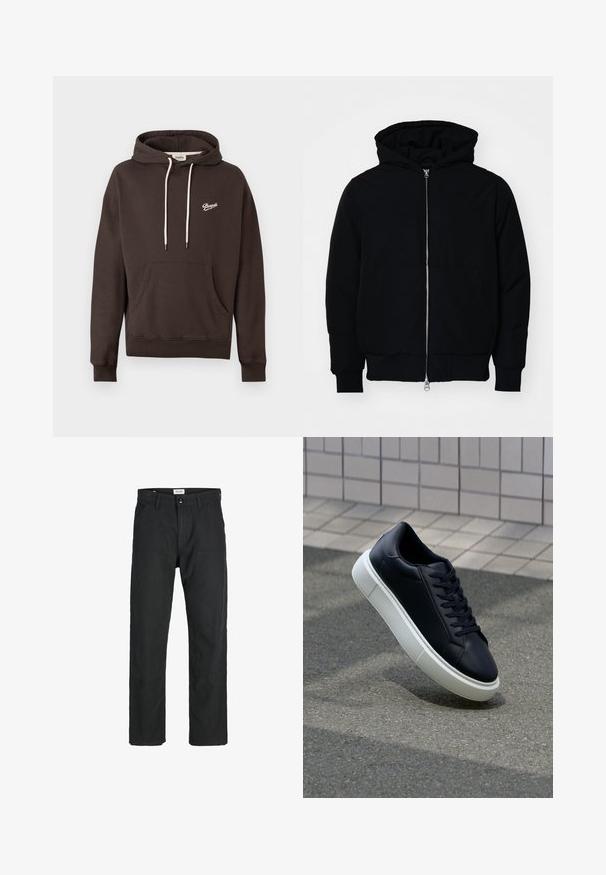 Jachetă neagră cu glugă, cu fermoar în față, buzunar tip kangaroo, mansete și tiv ribbed, prezentată pe un fundal alb simplu.; Hanorac cu glugă de culoare maro închis, cu buzunar frontal, șnururi albe și un mic logo alb "Pompeii" pe pieptul stâng.; Pantaloni negri dintr-un material durabil, cu un design cu picior drept, accente cusute și două buzunare frontale pentru funcționalitate.; Tenis cu piele neagră, cu vârful rotund și talpă din cauciuc alb. Are șireturi plate și cusături minime pe suprafață. Tălpile texturate oferă aderență.
