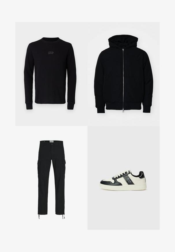 Schwarze Kapuzenjacke mit Frontreißverschluss, Kängurutasche, gerippten Bündchen und Saum, auf einem schlichten weißen Hintergrund präsentiert.; GAP LOGO WAFFLE CREW - Strickpullover - black; Schwarze Cargo-Hosen mit geradem Schnitt, ausgestattet mit Seitentaschen, einem Knopfverschluss und elastischen Zugbändern an den Knöcheln. Hergestellt aus strapazierfähigem Stoff.; Leder-Sneaker in Schwarz- und Cremetönen, mit perforierten Akzenten, einem gepolsterten Kragen und einer strukturierten Laufsohle.