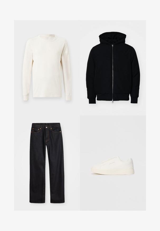 Svart hettejakke med frontglidelås, kengurulomme, ribbestrikket mansjetter og søm, vist på en ensfarget hvit bakgrunn.; Langermet, ribbestrikket topp i off-white med rund hals. Har et subtilt "GAP"-logo på brystet. Myk tekstur og tettsittende design.; Men's straight-leg svarte denim jeans med fem lommer og oransje søm, knapp og glidelås lukking foran på midjen.; Hvite slip-on joggesko med teksturert overflate, tykk såle og minimalistisk design. Har merkevarelogo på siden.