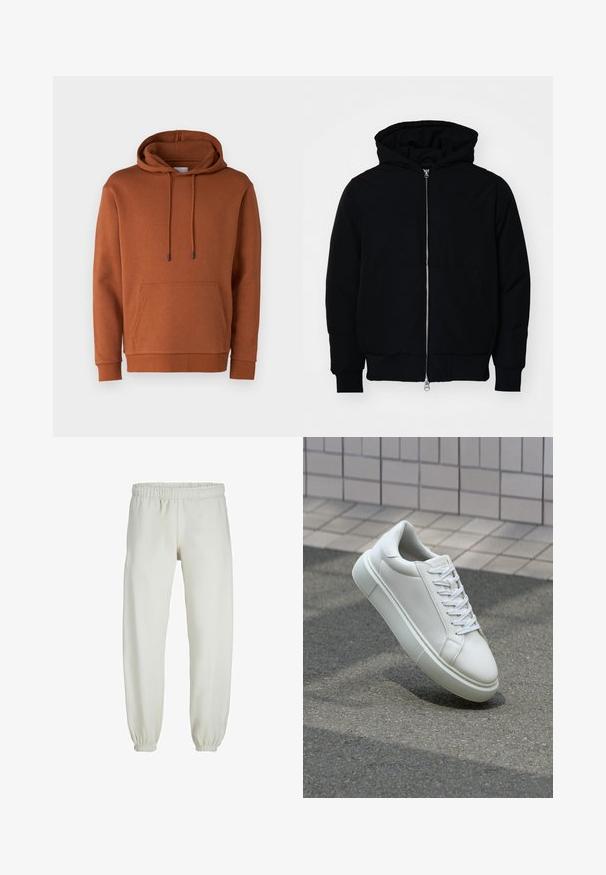 Veste à capuche noire avec fermeture éclair sur le devant, poche kangourou, poignets et ourlet côtelés, présentée sur un fond blanc uni.; Jack & Jones JJEBRADLEY HOOD - Sweatshirt - mocha bisque; Pantalons de survêtement blancs en tissu doux, avec une taille et des poignets élastiques, présentant une texture lisse et un design ample.; Baskets en cuir blanc avec une surface lisse, bout rond et lacets plats blancs. Présentent une semelle en caoutchouc texturée et des éléments de design minimalistes.
