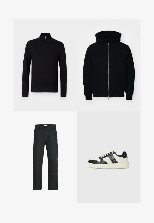 Fekete kapucnis dzseki elülső cipzárral, kenguruzsebbel, bordázott mandzsettákkal és aba, egy sima fehér háttér előtt.; Fekete hosszú ujjú pulóver magas gallérral és rövid ezüst cipzárral az elülső középen.; Fekete nadrág tartós anyagból, egyenes szárú kialakítással, varrott díszítésekkel és két elülső zsebbel a funkciók érdekében.; Fekete és krém színű bőrsneaker, perforált díszítésekkel, párnázott bokapánttal és texturált talppal.