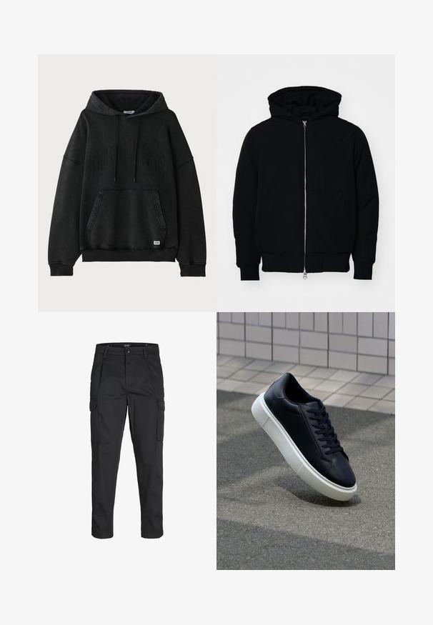 Mustaga kapuutsiga jakk, millel on esineed, kenguru tasku, soonikkoes, ja alläär, esitatud lihtsal valgel taustal.; Musthave musta puuvillane kapuutsiga, millel on suur esikott, reguleeritav kapuuts ja reljeefne logo. Omab soonikuga varruka- ja alläärde, et tagada tihe istuvus.; Mustad mustapõlvik, mis on valmistatud tugeva koe kasutades, sisaldab mitmeid taskuid, nupule kinnitatav sulgemine ja kitsenev disain.; Mustast nahast tennisetoss, millel on ümar nina ja valge kummist tall. Omab siredaid paelu ja minimaalset õmblemist ülemises osas. Tekstuuriga tald, mis tagab haakuvuse.