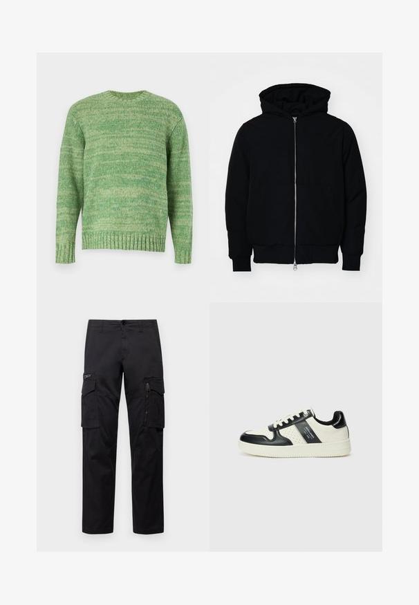 Juodas gobtuvėlis su priekiniu užtrauktuku, kengūros tipo kišene, lygiais rankogaliais ir apvadu, pateiktas ant vientiso balto fono.; Jack & Jones JORWINTER SPACE - Džemperis - lima bean green; Juodos krovinių kelnės, turinčios kelis kišenes, užtrauktuku uždaromą kišenę ant šlaunies, tiesaus kirpimo ir tvirtos medvilnės audinys su nežymiu blizgesiu.; Odiniai sportbačiai juodos ir kreminės spalvų schemoje, su perforuotais akcentais, paminkštinta apykakle ir tekstūruotu padu.