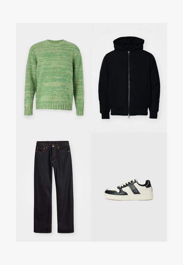 Zwarte hoodie met rits aan de voorkant, kangoeroe-pocket, geribbelde manchetten en zoom, weergegeven op een effen witte achtergrond.; Jack & Jones JORWINTER SPACE - Trui - lima bean green; Heren straight-leg zwarte denim jeans met vijf zakken en oranje stiksels, knoop- en ritssluiting op de voorkant van de tailleband.; Leren sneakers met een zwart en crèmekleurig kleurenschema, voorzien van geperforeerde accenten, een gevoerde kraag en een gestructureerde buitenzool.
