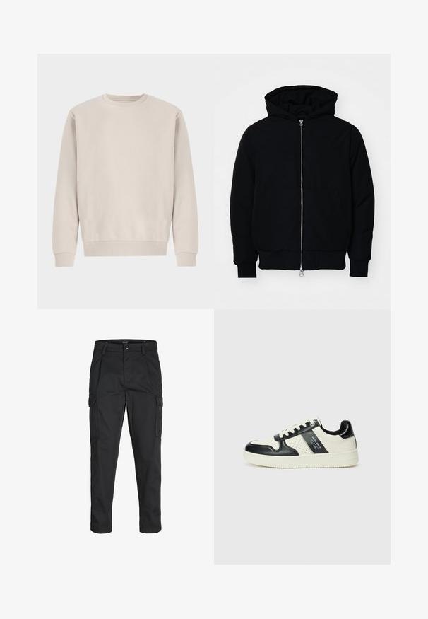 Melna kapucēta jaka ar priekšējo rāvējslēdzēju, kenguru kabatu, ribinātām aprocēm un apakšmalu, parādīta uz vienkārša balta fona.; Beige kreklu svārku, kas izgatavots no mīksta kokvilnas, ar brīvu pieguļošu stilu, ribotu piedurkņu un apakšmalu, bez redzamām rakstu vai metālapstrādes daļām.; Melnas kravas bikses, izgatavotas no izturīga auduma, ar vairākiem kabatām, pogu aizdari un šaura piegriezuma dizainu ar sašaurinātiem kāju apakšiem.; Ādas sporta apavi ar melnbaltu krāsu shēmu, ar perforētiem akcentiem, mīkstinātu apkakli un teksturētu zoli.
