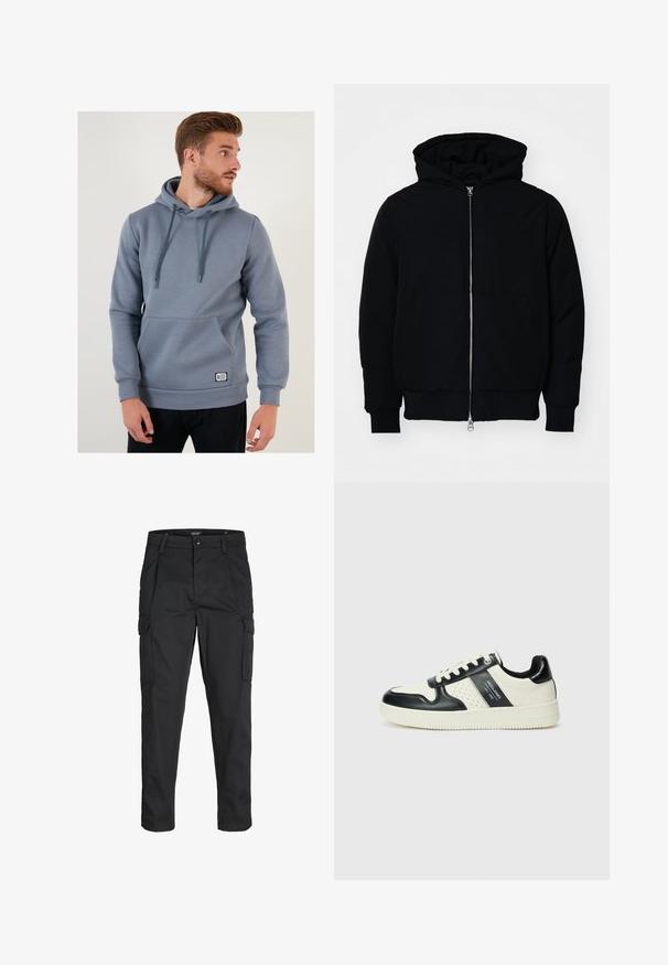 Svart huoodiejacka med framdragkedja, känguruficka, ribbade ärmslut och nederkant, uppställd mot en vit bakgrund.; Grå hoodie med en framficka, justerbar dragsko på huvan, ribbade ärmslut och fåll, tillverkad av ett mjukt och slätt material. Har en logotyppåse.; Svarta cargobyxor tillverkade av hållbart tyg, med flera fickor, knappstängning och en smal passform med avsmalnande ben.; Läder sneakers med en svart och krämfärgad färgsättning, med perforerade detaljer, en vadderad krage och en strukturerad yttersula.