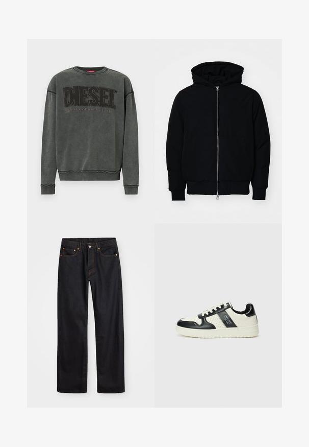 Giacca nera con cappuccio, dotata di zip frontale, tasca a marsupio, polsini e orlo a coste, esposta su uno sfondo bianco semplice.; Felpa a maniche lunghe grigio scuro con polsini e orlo a costine, con grande testo nero "DIESEL" e "For Successful Living" in caratteri più piccoli sotto.; Jeans neri in denim dritto da uomo con cinque tasche e cuciture arancioni, chiusura con bottone e zip sulla vita anteriore.; Sneakers in pelle con una combinazione di colori nero e crema, dotati di dettagli perforati, collare imbottito e suola testurizzata.