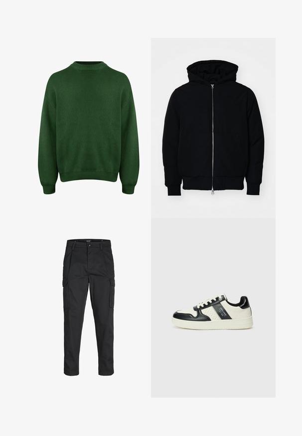 Schwarze Kapuzenjacke mit Frontreißverschluss, Kängurutasche, gerippten Bündchen und Saum, auf einem schlichten weißen Hintergrund präsentiert.; Grüner Strickpullover mit hohem Hals, überschnittenen Schultern und gerippten Bündchen und Saum. Aus einem strukturierten, weichen Stoff.; Schwarze Cargo-Hose aus robustem Material, mit mehreren Taschen, einem Knopfverschluss und einem Slim-Fit-Design mit schmal zulaufenden Beinen.; Leder-Sneaker in Schwarz- und Cremetönen, mit perforierten Akzenten, einem gepolsterten Kragen und einer strukturierten Laufsohle.