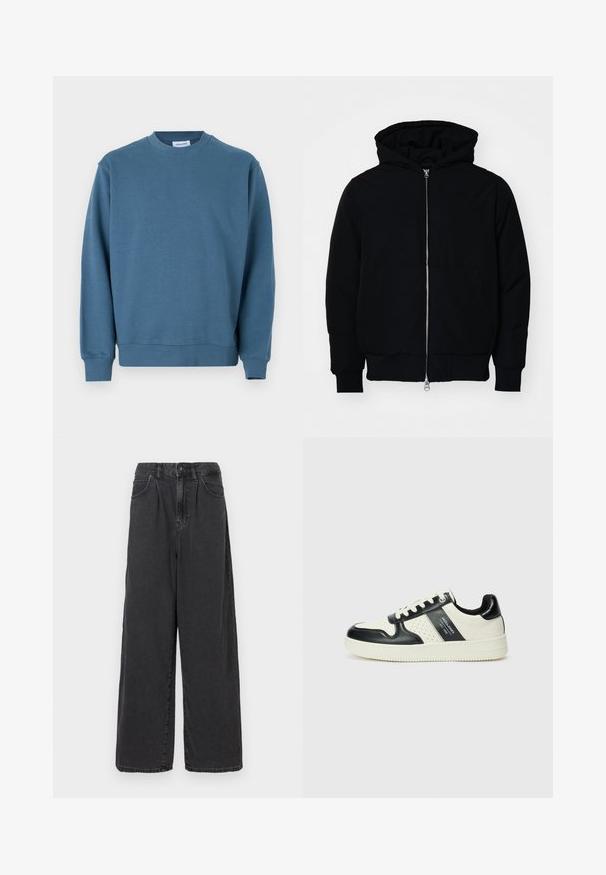 Veste à capuche noire avec fermeture éclair sur le devant, poche kangourou, poignets et ourlet côtelés, présentée sur un fond blanc uni.; Sweatshirt en coton bleu avec un col rond, des poignets côtelés et un ourlet droit. Présente une texture lisse et une coupe décontractée.; Pantalons en denim noir à taille haute, coupe large, avec une fermeture à bouton et zip à l'avant, dotés de poches latérales et d'une texture lisse.; Baskets en cuir avec un schéma de couleurs noir et crème, dotées d'accents perforés, d'un col rembourré et d'une semelle texturée.