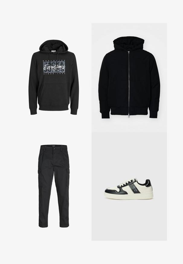 Mustat huppu-untuvatakki, jossa on vetoketju edessä, kenguru-tasku, ribatut hihansuut ja helma, esillä yksinkertaisella valkoisella taustalla.; Musta huppari puuvillasekoitteesta, jossa on etu kangaroo-tasku, ribbaustakuu, ja graafinen printti, jossa lukee "Jack & Jones Essentials".; Mustat cargo-housut, jotka on valmistettu kestävästä kankaasta. Housuissa on useita taskuja, nappisulku ja kapea istuvuus, jossa on kapenevat lahkeet.; Nahkakengät musta-kerma värimaailmassa, joissa on rei'itetyt yksityiskohdat, pehmustettu nilkkaosa ja teksturoitu pohja.