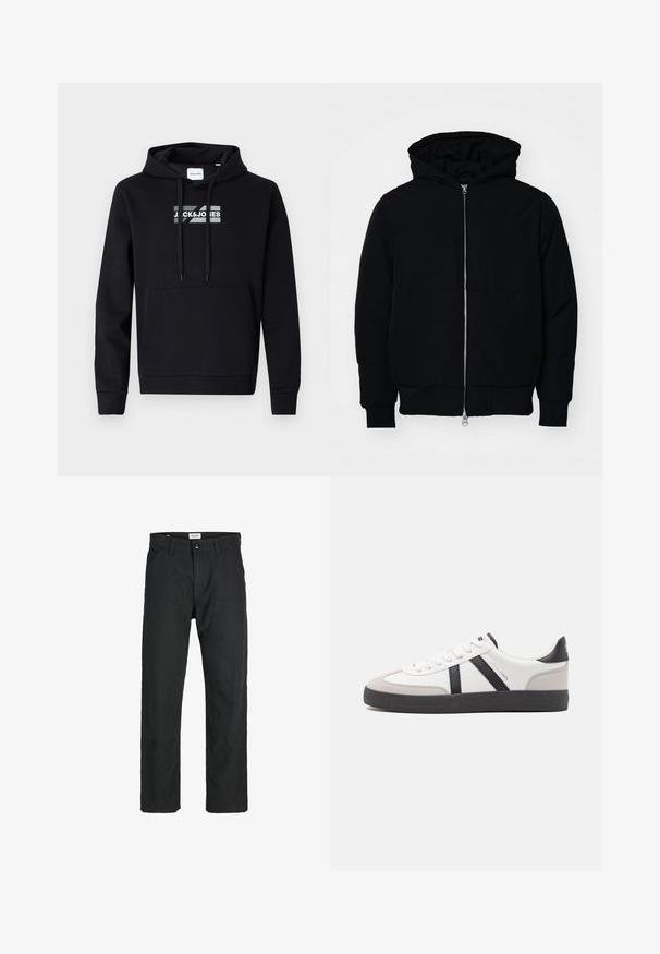 Juodas gobtuvėlis su priekiniu užtrauktuku, kengūros tipo kišene, lygiais rankogaliais ir apvadu, pateiktas ant vientiso balto fono.; Juodas sukapotas džemperis iš minkštos medžiagos, su priekinėmis kengūros kišenėmis ir spausdintu logotipu krūtinėje. Ilgos rankovės su resorais.; Juodas medvilninis marškinėliai trumpomis rankovėmis. Priekyje yra žalias „ROOTS“ logotipas, apvalus iškirpimas ir standartinė prigludimo forma.; Juodi kelniai, pagaminti iš tvirto audinio, su tiesiomis kojomis, siuvinėtomis detalėmis ir dviem priekinėmis kišenėmis funkcionalumui.; Balti sportbačiai su juodais ir pilkais akcentais, pasižymintys tekstūruotu pilku pirštų dangteliu, juoda gumine padais ir plokščiomis baltomis raišteliais. Švarus dizainas, minimalistinis stilius.