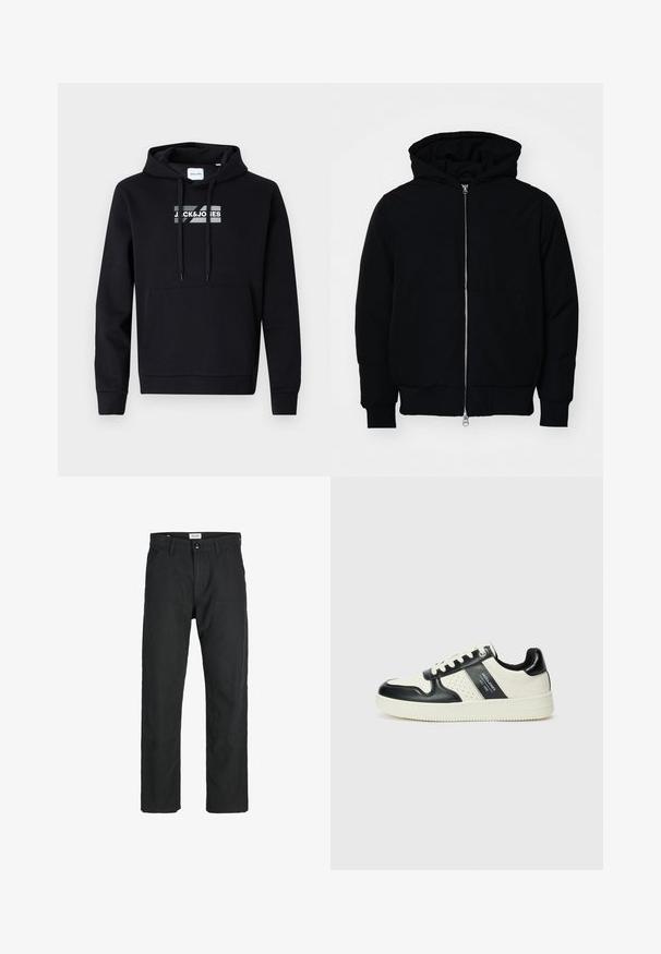 Melna kapucēta jaka ar priekšējo rāvējslēdzēju, kenguru kabatu, ribinātām aprocēm un apakšmalu, parādīta uz vienkārša balta fona.; Melna kapu pudelene, kas izgatavota no mīksta auduma, ar priekšējo kangaroo kabatu un drukātu logotipu krūšu daļā. Garas piedurknes ar ribotiem aproču galiem.; Melna kokvilnas t-kreka ar īsām piedurknēm. Uz priekšu ir zaļa "ROOTS" logo, apaļa kakla izgriezums un standarta piegriezums.; Melnas bikses no izturīga auduma, ar taisna griezuma dizainu, izšūtām akcentiem un divām priekšējām kabatām funkcionālitātei.; Ādas sporta apavi ar melnbaltu krāsu shēmu, ar perforētiem akcentiem, mīkstinātu apkakli un teksturētu zoli.