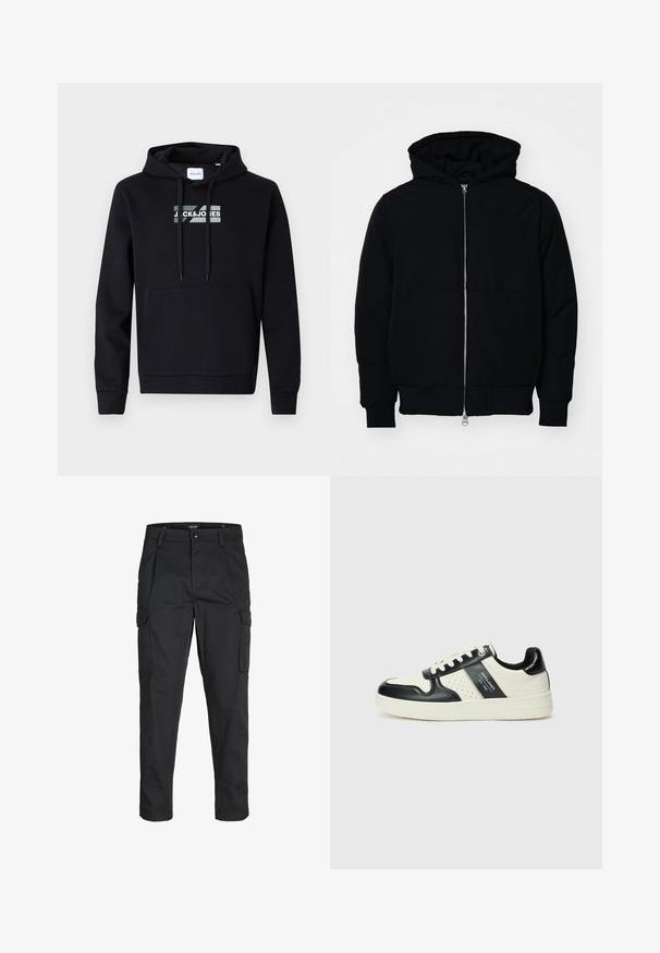 Veste à capuche noire avec fermeture éclair sur le devant, poche kangourou, poignets et ourlet côtelés, présentée sur un fond blanc uni.; Sweatshirt à capuche noire en tissu doux, avec une poche kangourou sur le devant et un logo imprimé sur la poitrine. Manches longues avec bords-côtes.; Pantalons cargo noirs en tissu résistant, dotés de plusieurs poches, d'une fermeture par bouton et d'une coupe slim avec des jambes fuselées.; Baskets en cuir avec un schéma de couleurs noir et crème, dotées d'accents perforés, d'un col rembourré et d'une semelle texturée.