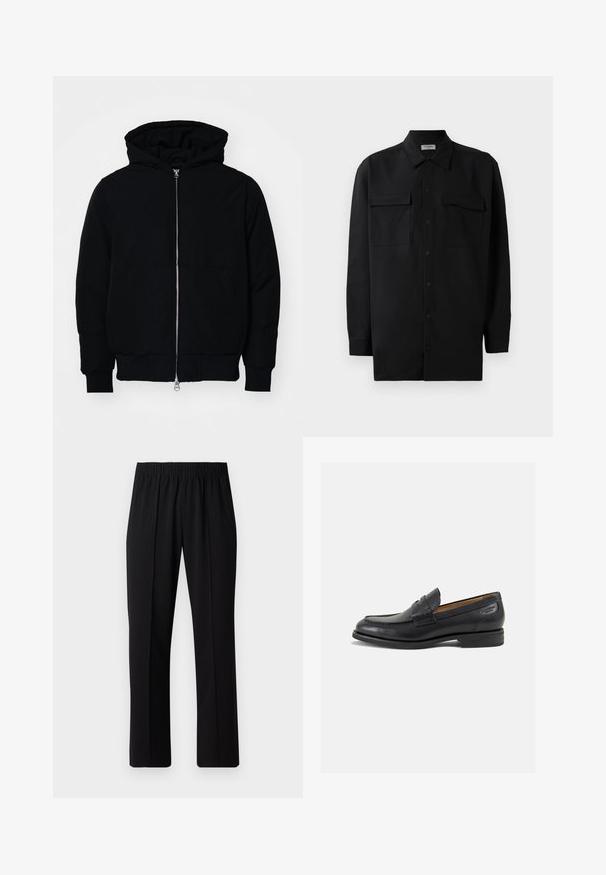 Black hooded jacket with front zipper, kangaroo pocket, ribbed cuffs, and hem, displayed on a plain white background.; Black button-up shirt made of smooth fabric, featuring a classic collar, two front pockets, and long sleeves with button cuffs.; Black, elastic-waist trousers with a straight-leg design, featuring a smooth texture and no visible patterns or hardware.; Black leather loafers with a smooth finish, rounded toe, and decorative stitching on the vamp. Low stacked heel and slight shine.
