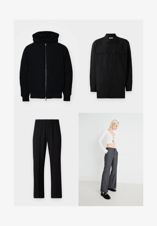 Mustaga kapuutsiga jakk, millel on esineed, kenguru tasku, soonikkoes, ja alläär, esitatud lihtsal valgel taustal.; Mustmust värvi nööpidega särk, mis on valmistatud sujuvast kangast, klassikalise kraega, kahe eesmise tasku ja pikkade varrukatega, millel on nööpidega mansetid.; Mustad, elastse puusärgid sirge säärega, mis on sileda tekstuuriga ja ilma nähtavate mustrite või riistadega.; Valge ribaga lühike topp sidumisdetailidega, kombineeritud hallide triibuliste laiade pükstega. Mudel kannab musti loafereid kuldsete aktsentidega, seistes ühtsel taustal.