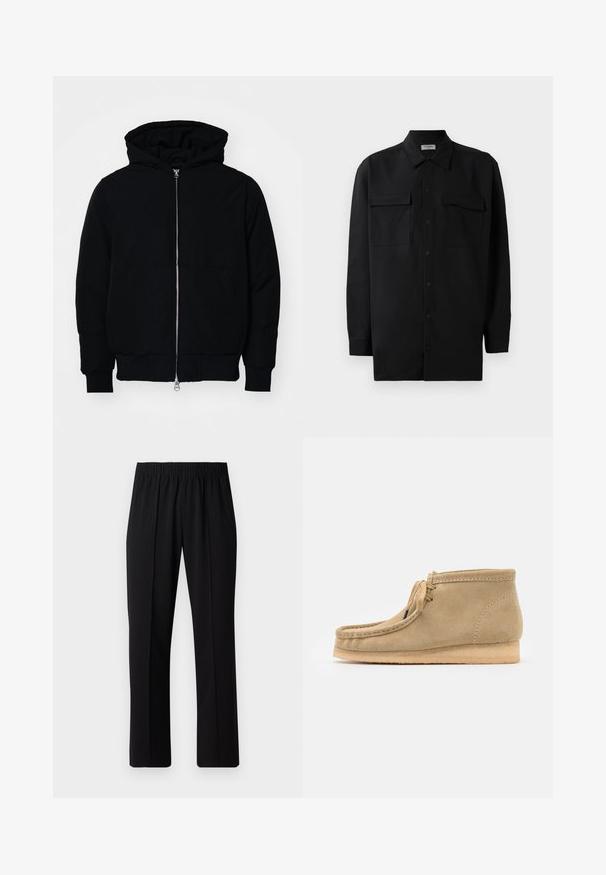 Chaqueta negra con capucha, cierre frontal, bolsillo tipo canguro, y puños y dobladillo acanalados, exhibida sobre un fondo blanco liso.; Camisa negra de botones, fabricada en tejido suave, con un cuello clásico, dos bolsillos delanteros y mangas largas con puños de botón.; Pantalones negros con cintura elástica y diseño de pierna recta, con una textura suave y sin patrones o herrajes visibles.; Botas de tobillo de ante beige con punta redonda, suela plana y un diseño de cordones simple. Presenta costuras visibles y una textura suave.