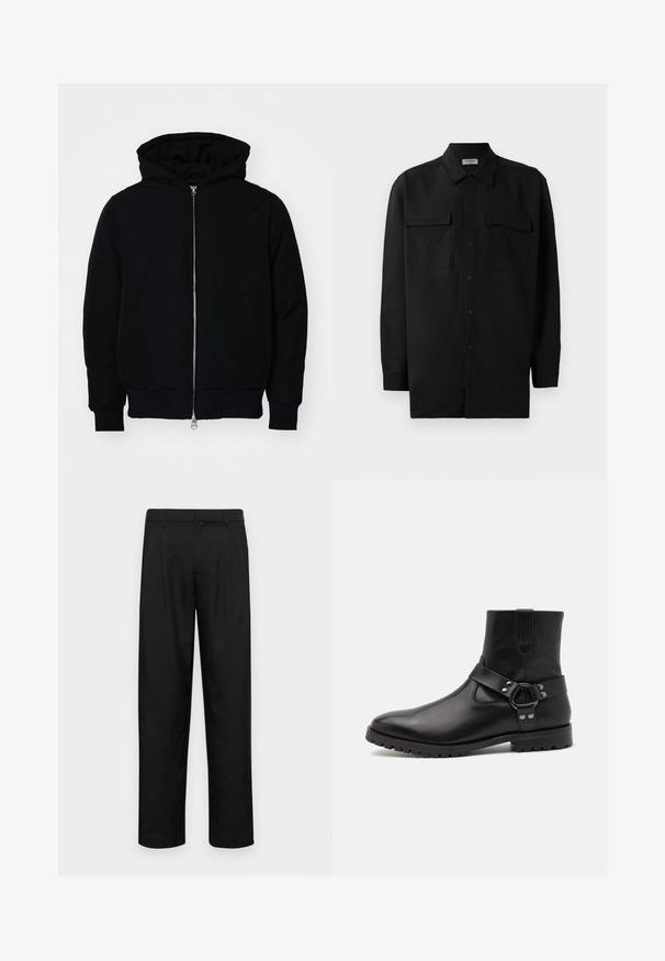 Veste à capuche noire avec fermeture éclair sur le devant, poche kangourou, poignets et ourlet côtelés, présentée sur un fond blanc uni.; Chemise noire à manches longues en tissu lisse, dotée d'un col classique, de deux poches devant et de poignets à boutons.; Pantalons noirs en tissu lisse, avec une coupe droite, deux plis avant et une taille standard avec passants de ceinture.; Bottines en cuir noir avec un bout pointu, semelle plate en caoutchouc et une sangle décorative avec un anneau en métal et des clous. Texture lisse.