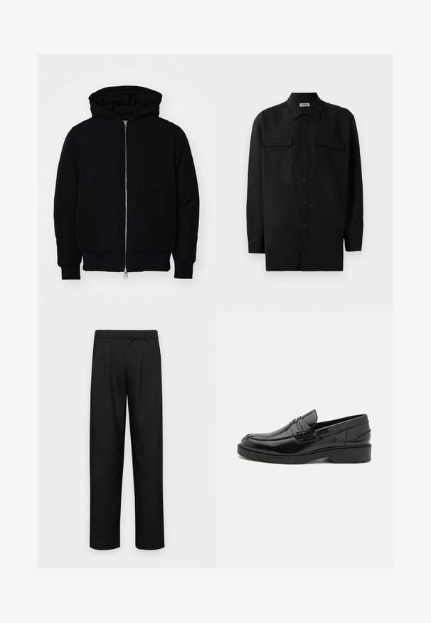 Juodas gobtuvėlis su priekiniu užtrauktuku, kengūros tipo kišene, lygiais rankogaliais ir apvadu, pateiktas ant vientiso balto fono.; Juodas marškinis su mygtukais, pagamintas iš lygaus audinio, turi klasikinius apykaklės, du priekiniai kišeniai ir ilgus rankovės su mygtukais.; Juodi kelnių modeliai, pagaminti iš lygios medžiagos, turi tiesią kojas, du priekiniai klostės ir standartinę juosmenį su diržo kilpomis.; Juodos odinės loafer'iai su lygiu paviršiumi, apvalia nosimi, žemu kulnu ir dekoratyvinėmis siūlėmis priekyje. Gumos padas suteikia sukibimą.