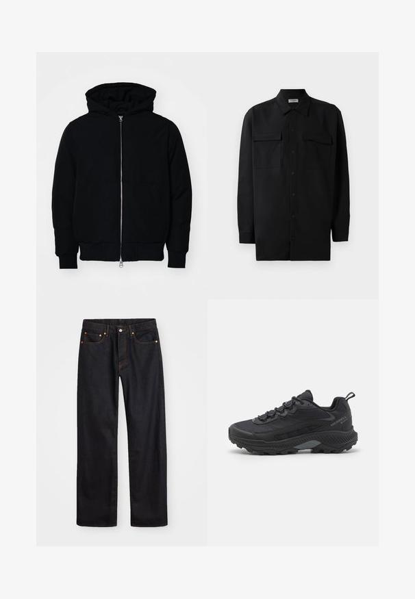 Chaqueta negra con capucha, cierre frontal, bolsillo tipo canguro, y puños y dobladillo acanalados, exhibida sobre un fondo blanco liso.; Camisa negra de botones, fabricada en tejido suave, con un cuello clásico, dos bolsillos delanteros y mangas largas con puños de botón.; Jeans de mezclilla negros de pierna recta para hombre, con cinco bolsillos y costuras en color naranja, cierre de botón y cremallera en la parte delantera de la cintura.; Zapatilla de trail running negra con parte superior de malla texturizada, puntera de goma reforzada y suela robusta. Detalles reflectantes y diseño de talón que ofrece soporte.