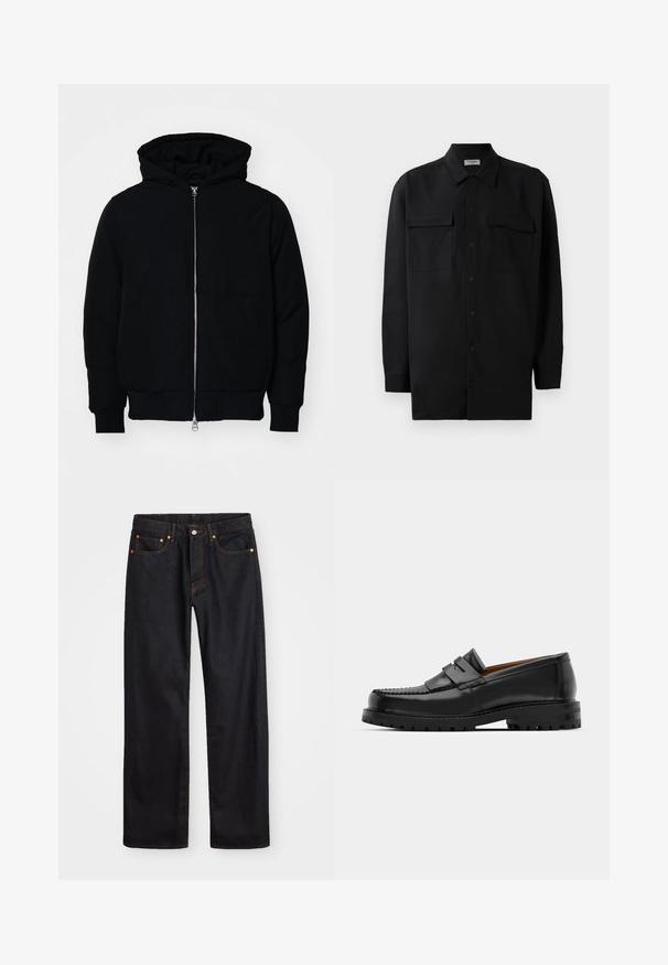 Černá kapucňová bunda s předním zipem, klokaní kapsou, vroubkovanými manžetami a spodním lemem, vystavená na čistém bílém pozadí.; Černá košile na knoflíky vyrobená z hladké tkaniny, s klasickým límcem, dvěma předními kapsami a dlouhými rukávy s knoflíkovými manžetami.; Pánské černé džíny rovného střihu s pěti kapsami a oranžovým prošíváním, s knoflíkem a zipem na předním pásku.; Černé kožené mokasíny mají zvýšený šev, dvě dekorativní pásky na svršku a silnou strukturovanou podrážku pro lepší přilnavost.