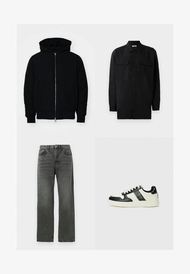 Black hooded jacket with front zipper, kangaroo pocket, ribbed cuffs, and hem, displayed on a plain white background.; Black button-up shirt made of smooth fabric, featuring a classic collar, two front pockets, and long sleeves with button cuffs.; Straight-leg black washed denim jeans with front button and pockets, shown flat on a white background.; Leather sneakers with a black and cream color scheme, featuring perforated accents, a padded collar, and a textured outsole.