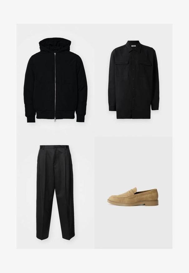 Mustaga kapuutsiga jakk, millel on esineed, kenguru tasku, soonikkoes, ja alläär, esitatud lihtsal valgel taustal.; Mustmust värvi nööpidega särk, mis on valmistatud sujuvast kangast, klassikalise kraega, kahe eesmise tasku ja pikkade varrukatega, millel on nööpidega mansetid.; Mustad ülipikkade varrukatega püksid, millel on kõrge talje, laiad sääred ja teravad voldid. Valmistatud sileda materjaliga, millel on vöölink ja ilma nähtava riistvarata.; Kahvatusuede loaferid ümmarguse varbaga, madala plokknõelaga ja tikandiga pealispinnal. Sujuv tekstuur ja minimalistik disain.