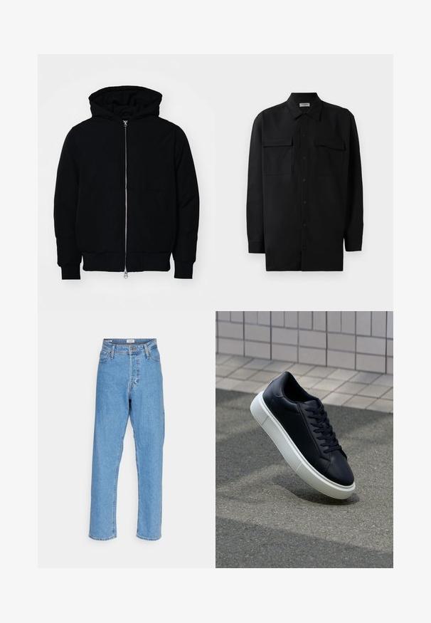 Črna kapuca jakna s sprednjim zadrgo, kenguru žepom, rebrastimi manšetami in hemom, razstavljena na enostavni beli ozadju.; Črn srajčni zgornji del iz gladkega materiala, s klasičnim ovratnikom, dvema sprednjima žepoma in dolgimi rokavi z gumbi na manšetah.; Svijetloplave traperice visokog struka sa ravnim nogavicama, prednjim dugmetom, zatvaranjem na patentni zatvarač, petljama za remen i dizajnom s pet džepova na bijeloj pozadini.; Črne usnjene superge z zaobljenim prstom in belim gumijastim podplat. Imajo ravne vezalke in minimalno šivanje na zgornjem delu. Teksturirani podplat za oprijem.
