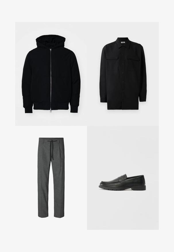 Fekete kapucnis dzseki elülső cipzárral, kenguruzsebbel, bordázott mandzsettákkal és aba, egy sima fehér háttér előtt.; Fekete gombos ing, sima anyagból készült, klasszikus gallérral, két elülső zsebbel és hosszú ujjakkal, amelyek gombos mandzsettával záródnak.; Szürke, testre szabott nadrág, textúrált mintázattal, húzózsinóros derékkal és két oldalzsebbel. Egyenes szabás, nincs szegés.; Fekete bőr mokaszinok sima felülettel, a mokaszin stílusú felsőrésszel, varrott részletezéssel és gumitalppal. Klasszikus dizájn alacsony sarokkal.