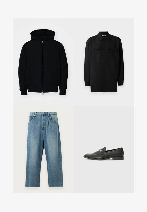 Mustaga kapuutsiga jakk, millel on esineed, kenguru tasku, soonikkoes, ja alläär, esitatud lihtsal valgel taustal.; Mustmust värvi nööpidega särk, mis on valmistatud sujuvast kangast, klassikalise kraega, kahe eesmise tasku ja pikkade varrukatega, millel on nööpidega mansetid.; Heledad sinine denim püksid sirge jalaga lõikega, millel on nööbivaat, kaks eesmist taskut ja klassikaline pleekinud tekstuur.; Must haveate nahkking punased, millel on sile viimistlus, tikitud muster ja dekoratiivne metallkett vampi üle. Tasane konts.