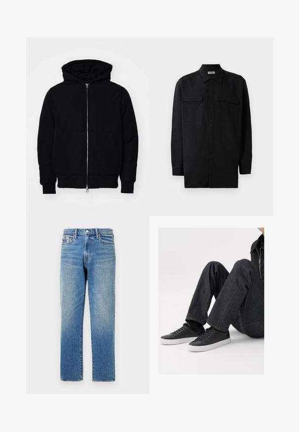 Svart hettejakke med frontglidelås, kengurulomme, ribbestrikket mansjetter og søm, vist på en ensfarget hvit bakgrunn.; Svart skjorte med knapper laget av glatt stoff, med klassisk krage, to frontlommer og lange ermer med knappe mansjetter.; Lyse blå denimjeans med rett passform, høy midje, subtil falming og sømdetaljer på lommer og midje.; Svarte lær sneakers med hvite gummisåler, med runde snørebånd og minimalistisk design, sammen med mørk denim jeans.