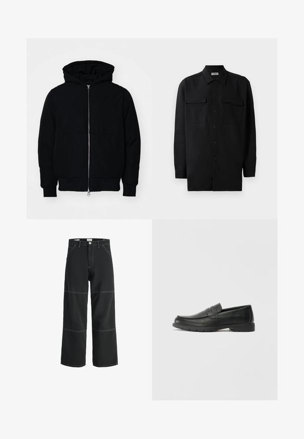 Mustaga kapuutsiga jakk, millel on esineed, kenguru tasku, soonikkoes, ja alläär, esitatud lihtsal valgel taustal.; Mustmust värvi nööpidega särk, mis on valmistatud sujuvast kangast, klassikalise kraega, kahe eesmise tasku ja pikkade varrukatega, millel on nööpidega mansetid.; Mustad laiad püksid, mis on valmistatud vastupidavast kangast, koos kontrastse valge õmblusega, kahe ees oleva taskuga ja ühe nupuga vöökoha sulgemisega.; Musthave nahkkingad siledast nahast, mokassiini stiilis ülevalt, tikanditega ja kummist tallaga. Klassikaline disain madala kontsaga.