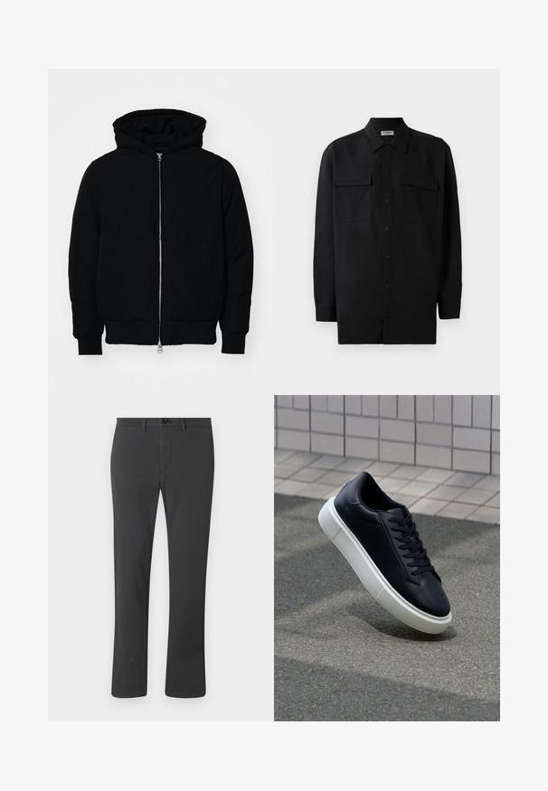 Sort hættejakke med frontlynlås, kængurulomme, ribbede manchetter og kant, præsenteret på en ensfarvet hvid baggrund.; Sort skjorte med knapper lavet af glat stof, med klassisk krave, to frontlommer og lange ærmer med knapmanchetter.; Sorte bukser lavet af glat stof, med lige ben-design, lynlås, knaplukning og bæltestropper. Enkel og funktionel stil.; Sort lædersneaker med rund tå og hvid gummisål. Har flade snørebånd og minimal syning på overdelen. Tekstureret sål for bedre greb.
