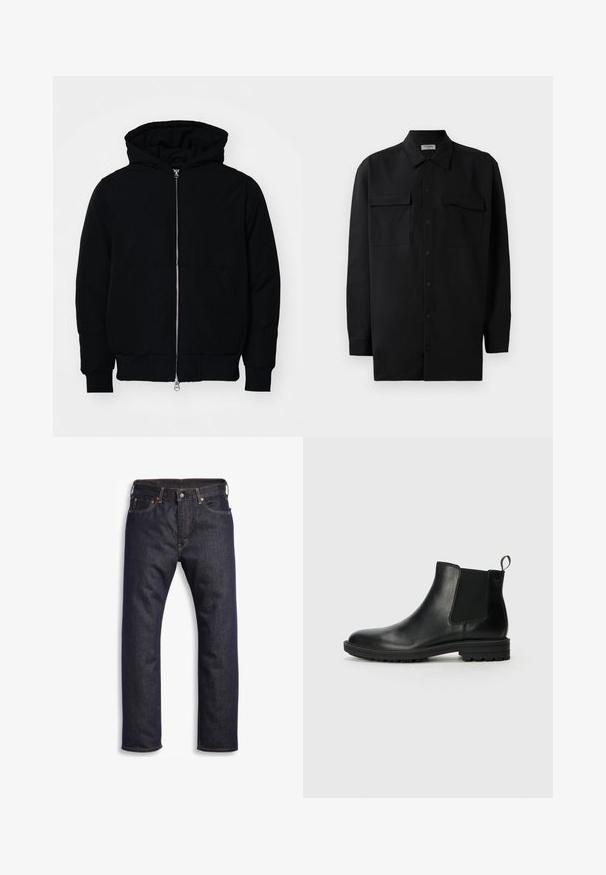 Černá kapucňová bunda s předním zipem, klokaní kapsou, vroubkovanými manžetami a spodním lemem, vystavená na čistém bílém pozadí.; Černá košile na knoflíky vyrobená z hladké tkaniny, s klasickým límcem, dvěma předními kapsami a dlouhými rukávy s knoflíkovými manžetami.; Tmavě modré džíny z denimu se středním střihem, designem s pěti kapsami, kovovými detaily a kontrastním oranžovým švem. Hladká textura, bez viditelných vzorů.; Jack & Jones JFWHOSKINS - Kotníkové boty - anthracite