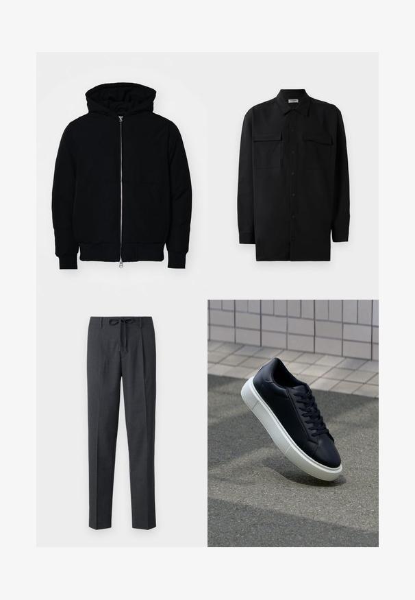 Chaqueta negra con capucha, cierre frontal, bolsillo tipo canguro, y puños y dobladillo acanalados, exhibida sobre un fondo blanco liso.; Camisa negra de botones, fabricada en tejido suave, con un cuello clásico, dos bolsillos delanteros y mangas largas con puños de botón.; Pantalones ajustados de color gris oscuro con un patrón texturizado, corte recto y cintura con lazo ajustable. Tela suave con costuras bien terminadas.; Zapatilla de cuero negro con punta redonda y suela de goma blanca. Presenta cordones planos y un mínimo de costuras en la parte superior. Suela texturizada para proporcionar agarre.