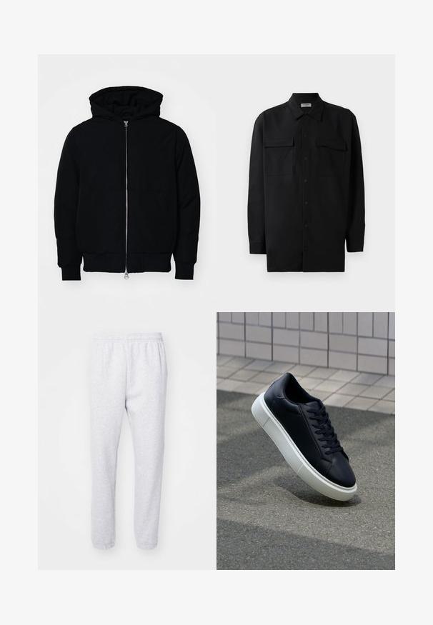 Zwarte hoodie met rits aan de voorkant, kangoeroe-pocket, geribbelde manchetten en zoom, weergegeven op een effen witte achtergrond.; Zwarte button-up shirt gemaakt van gladde stof, met een klassieke kraag, twee voorzakken en lange mouwen met knopenmanchetten.; Lichtgrijze joggingbroek gemaakt van een zachte katoenmix, met een elastische tailleband en aansluitende boorden bij de enkels. Geen zichtbare patronen of logo's.; Zwarte leren sneaker met een ronde neus en een witte rubberen zool. Voorzien van platte veters en minimale stiksels op het bovenwerk. Textuurrijke zool voor grip.