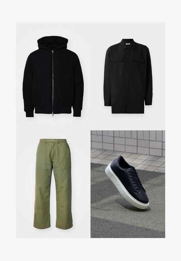 Črna kapuca jakna s sprednjim zadrgo, kenguru žepom, rebrastimi manšetami in hemom, razstavljena na enostavni beli ozadju.; Črn srajčni zgornji del iz gladkega materiala, s klasičnim ovratnikom, dvema sprednjima žepoma in dolgimi rokavi z gumbi na manšetah.; Olive zelene hlače širokega kroja, izdelane iz trpežne tkanine, z zadrgo, sprednjimi žepi in preprostimi šivi.; Črne usnjene superge z zaobljenim prstom in belim gumijastim podplat. Imajo ravne vezalke in minimalno šivanje na zgornjem delu. Teksturirani podplat za oprijem.