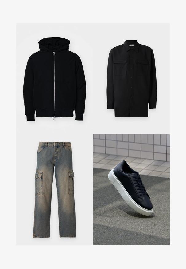 Mustat huppu-untuvatakki, jossa on vetoketju edessä, kenguru-tasku, ribatut hihansuut ja helma, esillä yksinkertaisella valkoisella taustalla.; Musta napillinen paita, joka on valmistettu sileästä kankaasta. Paita sisältää klassisen kaulan, kaksi etutaskua ja pitkät hihat, joissa on nappivarat.; Denim cargo-housut, joissa on haalistunut sininen väri, löysä malli, kaksi suurta sivutaskua, ommellut saumat ja klassinen vyötärömalli.; Mustat nahkakengät, joissa on pyöristetty kärki ja valkoinen kumipohja. Varusteena litteät nauhat ja minimaalinen ommel ylhäällä. Teksturoitu pohja pitävyyden lisäämiseksi.
