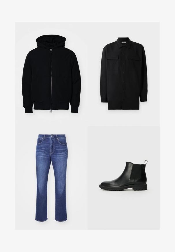 Juodas gobtuvėlis su priekiniu užtrauktuku, kengūros tipo kišene, lygiais rankogaliais ir apvadu, pateiktas ant vientiso balto fono.; Juodas marškinis su mygtukais, pagamintas iš lygaus audinio, turi klasikinius apykaklės, du priekiniai kišeniai ir ilgus rankovės su mygtukais.; Mėlynos džinsinės kelnės su tiesiu pjūviu, turinčios penkių kišenių dizainą, vario nago aparatą ir švelnų blukimą šlaunų srityje, suteikiantį tekstūrą.; Jack & Jones JFWHOSKINS - Klasikiniai aulinukai - anthracite