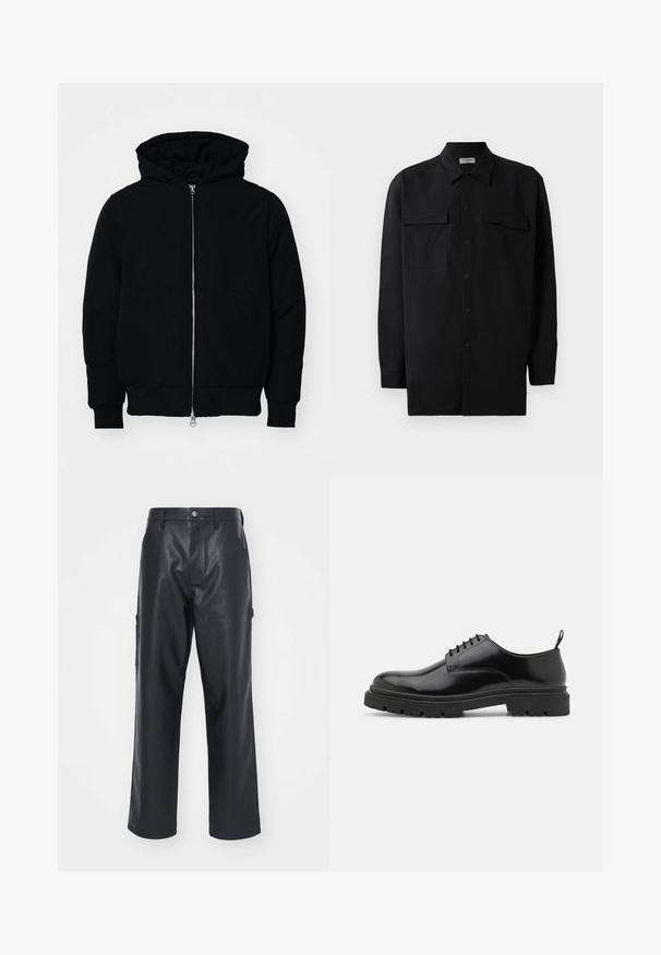 Čierna kapucňová bunda s predným zipsom, klokaními vreckami, rebrovanými manžetami a lemom, zobrazená na bielom pozadí.; Čierna košeľa na gombíky vyrobená z hladkej tkaniny, so klasickým golierom, dvoma prednými vreckami a dlhými rukávmi s gombíkovými manžetami.; Čierne kožené nohavice s hladkou textúrou, širokým strihom a bočnými vreckami. Obsahujú zapínanie na gombík a pútka na opasok.; Čierne kožené šnurovacie topánky s okrúhlym špičkou, hladkou textúrou a ryhovanou gumovou podrážkou. Obsahujú malý podpätok a úchytku na zadnej strane.
