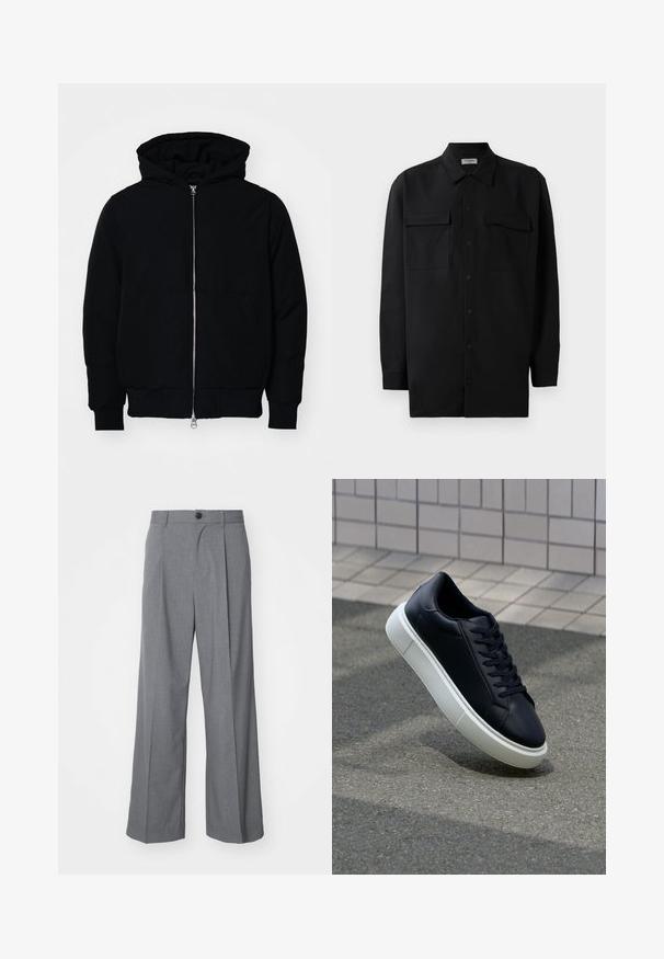 Fekete kapucnis dzseki elülső cipzárral, kenguruzsebbel, bordázott mandzsettákkal és aba, egy sima fehér háttér előtt.; Fekete gombos ing, sima anyagból készült, klasszikus gallérral, két elülső zsebbel és hosszú ujjakkal, amelyek gombos mandzsettával záródnak.; Weekday UNO LOOSE SUIT TROUSERS - Öltönynadrág - dark grey; Fekete bőr sportcipő lekerekített orral és fehér gumitalppal. Lapos fűzőkkel és minimális varrásokkal rendelkezik a felsőrészén. Mintás talp a tapadásért.