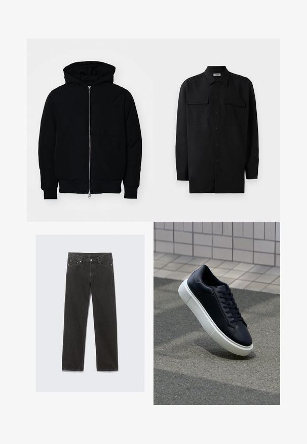 Giacca nera con cappuccio, dotata di zip frontale, tasca a marsupio, polsini e orlo a coste, esposta su uno sfondo bianco semplice.; Camicia nera con bottoni realizzata in tessuto morbido, dotata di colletto classico, due tasche frontali e maniche lunghe con polsini a bottone.; Jeans neri in denim a gamba dritta con un classico design a cinque tasche, caratterizzati da cuciture arancioni e chiusura con zip.; Sneaker in pelle nera con punta arrotondata e suola in gomma bianca. Presenta lacci piatti e cuciture minime sulla parte superiore. Suola testurizzata per una migliore aderenza.