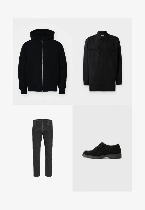 Chaqueta negra con capucha, cierre frontal, bolsillo tipo canguro, y puños y dobladillo acanalados, exhibida sobre un fondo blanco liso.; Camisa negra de botones, fabricada en tejido suave, con un cuello clásico, dos bolsillos delanteros y mangas largas con puños de botón.; Jeans de mezclilla negra con un diseño de pierna recta, cinco bolsillos y trabillas para cinturón, con una textura ligeramente desgastada y costuras en contraste.; Zapato de vestir de ante negro con punta redondeada, costuras en contraste y una suela de goma. Cuenta con un cordón mínimo y un diseño de parte superior suave.