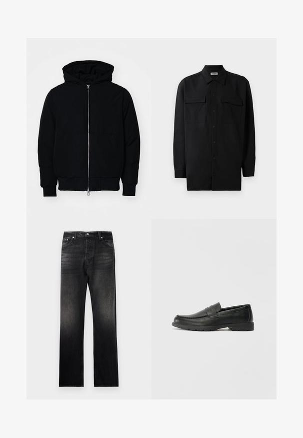 Veste à capuche noire avec fermeture éclair sur le devant, poche kangourou, poignets et ourlet côtelés, présentée sur un fond blanc uni.; Chemise noire à manches longues en tissu lisse, dotée d'un col classique, de deux poches devant et de poignets à boutons.; Jean en denim noir avec une coupe droite, présentant un effet dégradé usé, un design à cinq poches et des accents en métal.; Mocassins en cuir noir avec une finition lisse, tige de style moccasin, détails cousus et semelle en caoutchouc. Design classique avec un talon bas.