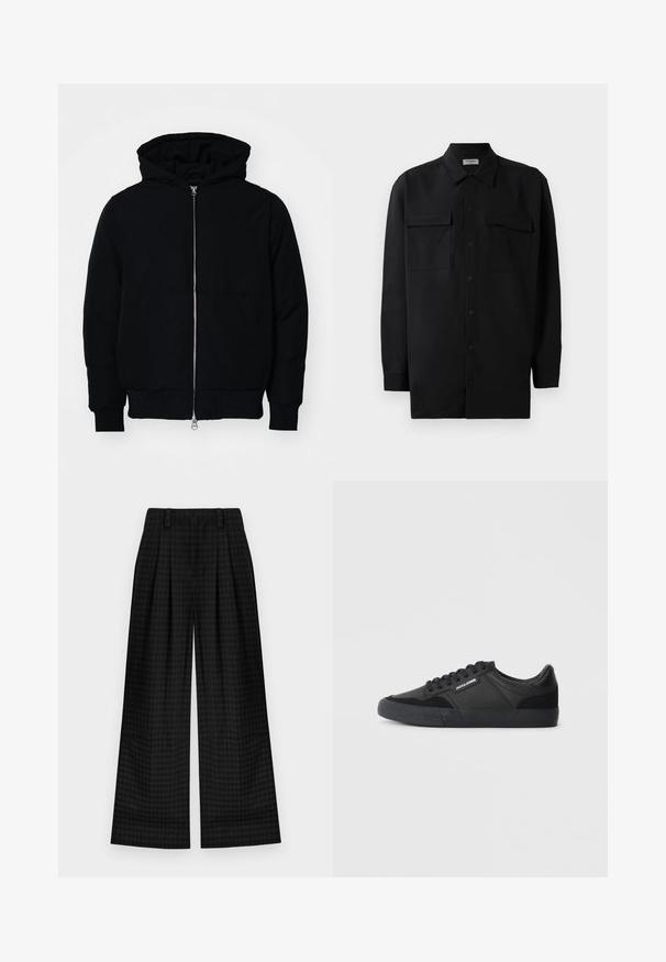 Czarna kurtka z kapturem, z suwakiem z przodu, kieszenią kangurką, ściągaczami przy mankietach i dolnym brzegu, prezentowana na jednolitym białym tle.; Czarna koszula z guzikami wykonana z gładkiego materiału, z klasycznym kołnierzykiem, dwoma przednimi kieszeniami i długimi rękawami z mankietami na guziki.; Czarne spodnie w szerokim kroju w kratkę z plisami, o gładkiej teksturze i klasycznym designie. Lekka tkanina zapewniająca komfort.; Czarne sneakersy wykonane z mieszanki skóry i zamszu, z okrągłymi sznurówkami, teksturowaną gumową podeszwą i logo marki po boku.