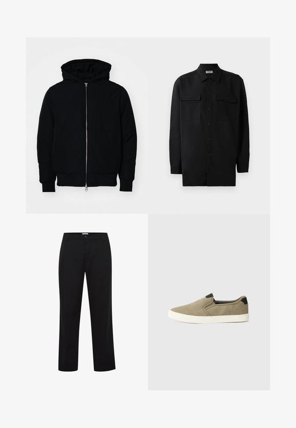 Svart hettejakke med frontglidelås, kengurulomme, ribbestrikket mansjetter og søm, vist på en ensfarget hvit bakgrunn.; Svart skjorte med knapper laget av glatt stoff, med klassisk krage, to frontlommer og lange ermer med knappe mansjetter.; Sorte bukser med rett ben, laget av glatt stoff, med knappestenging og beltehemper. Ingen synlige mønstre eller detaljer.; Taupe slip-on sko med teksturert stoffoverflate, kontrasterende svart hæl og hvit gummisåle. Perforert design for ventilasjon.