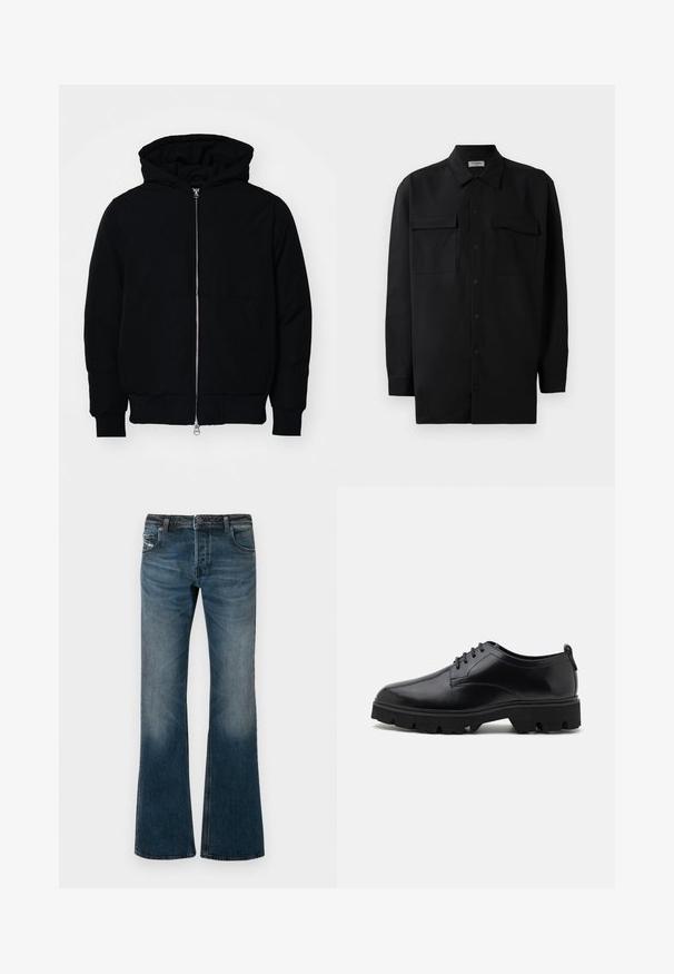 Jachetă neagră cu glugă, cu fermoar în față, buzunar tip kangaroo, mansete și tiv ribbed, prezentată pe un fundal alb simplu.; Cămașă neagră cu nasturi, confecționată dintr-un material neted, având un guler clasic, două buzunare frontale și mâneci lungi cu manșete cu nasturi.; Jeans din denim albastru estompat cu un design cu picioare evazate, cinci buzunare și un tiv închis la culoare. Prezintă estompare subtilă pe coapse.; Pantofi din piele neagră cu un finisaj neted, design cu șireturi și talpă din cauciuc groasă și robustă, având călcâi adânc pentru aderență.